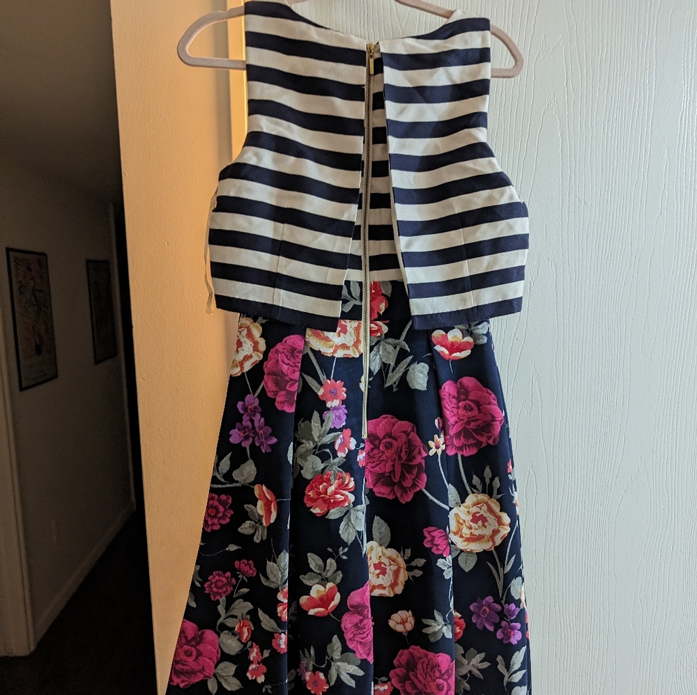 Moulinette Soeurs Dress Multi-Color Blue Striped Sleeveless Floral Skirt SZ 4